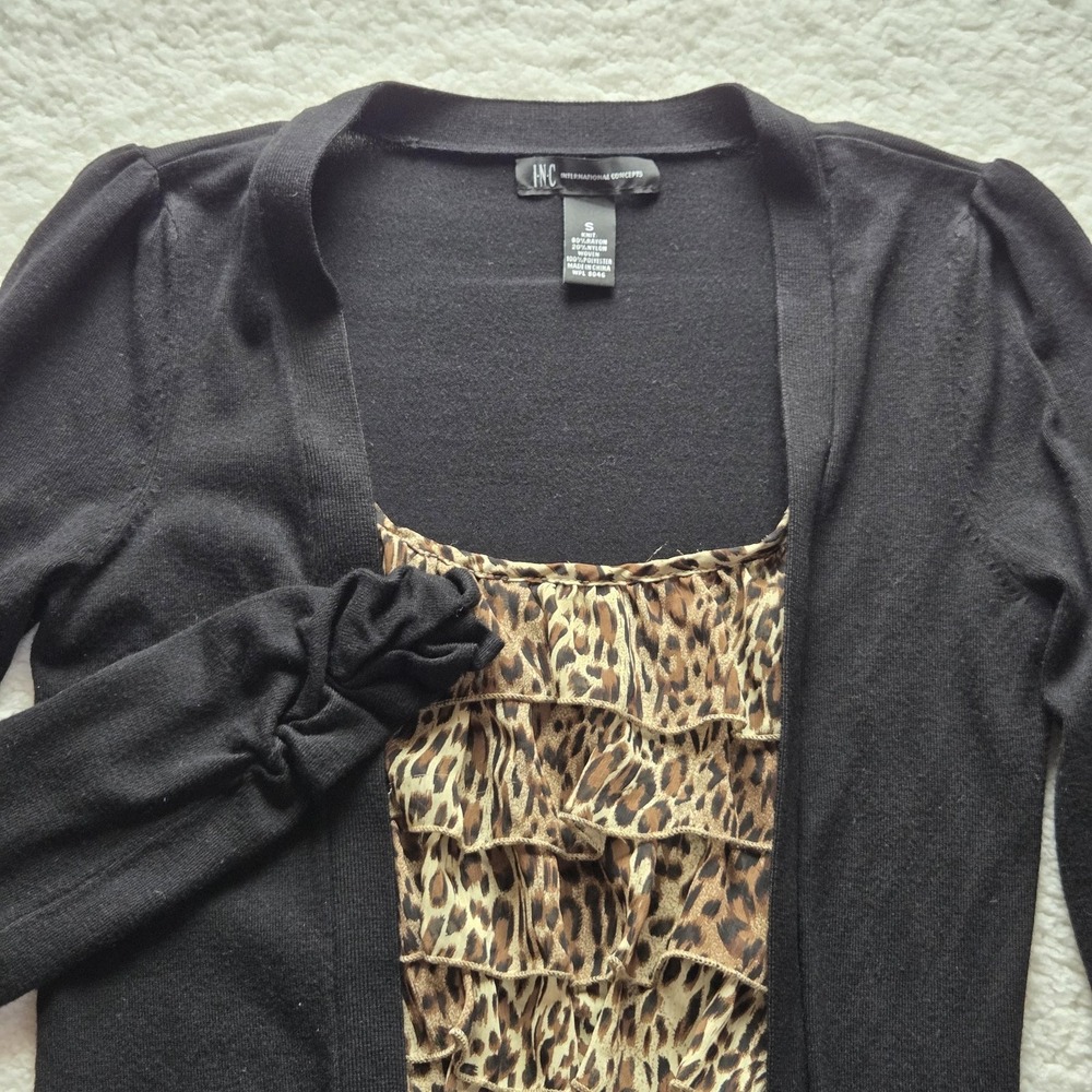 INC International Concepts Cardigan Sweater Womens Small Black Leopard Knit